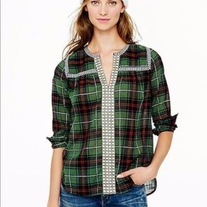 J. Crew embroidered green plaid peasant top